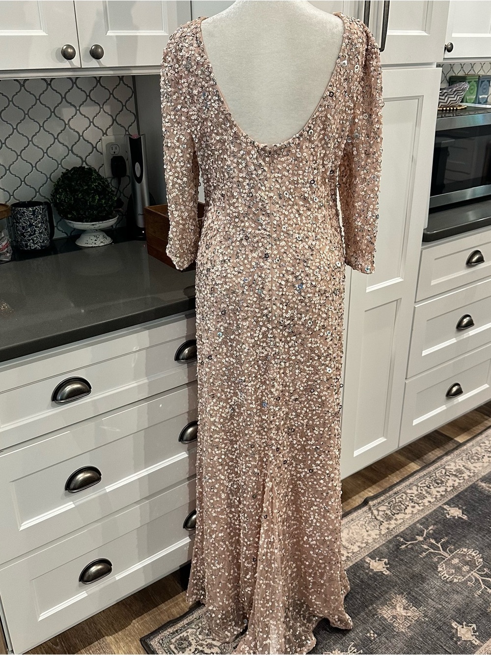 Adrianna Papell Scoop Back Sequin Gown Champagne Silver 12 Formal Dress Wedding - Picture 4 of 15